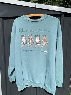 Weekend Edition Blue/ Green Cat Crewneck Sweatshirt size XL